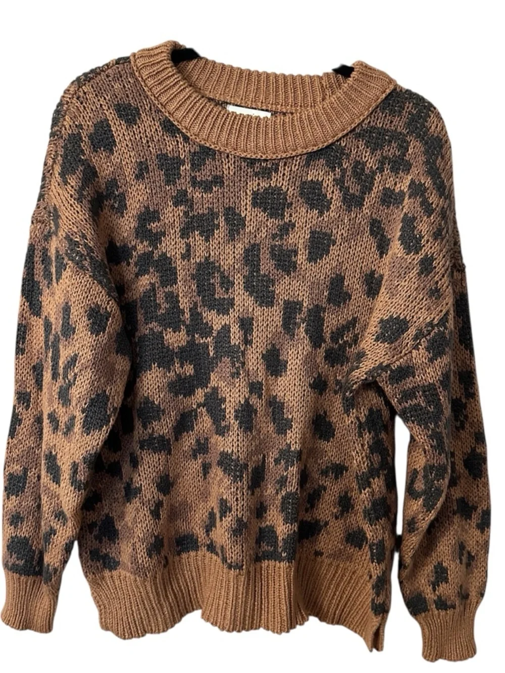 Aerie Women's Long Sleeve Knit Tan & Black Cheetah Crewneck Sweater Sz S GUC